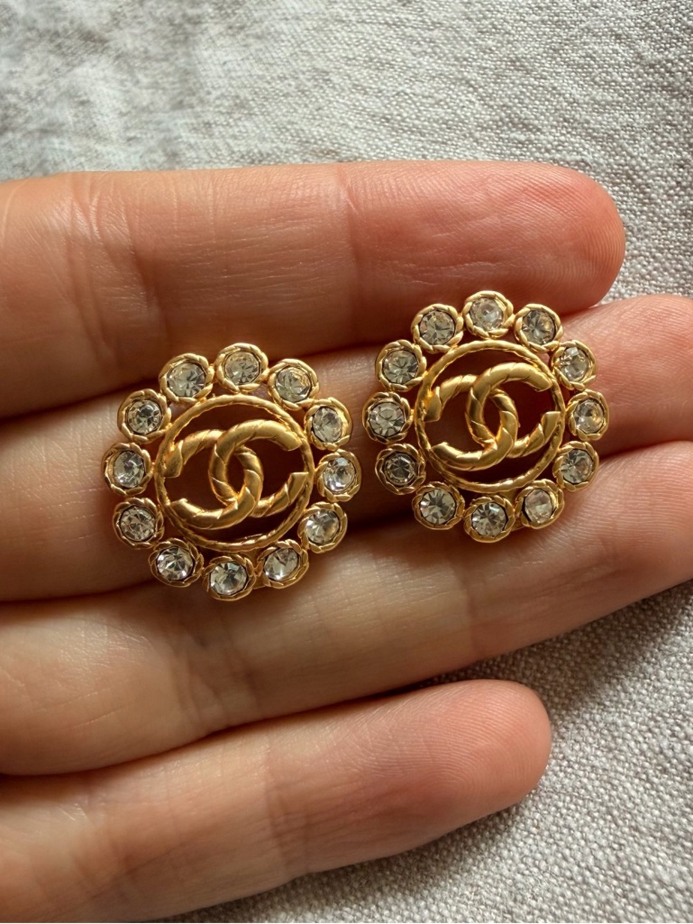 CHANEL Gold-Tone CC Logo Crystal Halo Earrings - Picture 7 of 11